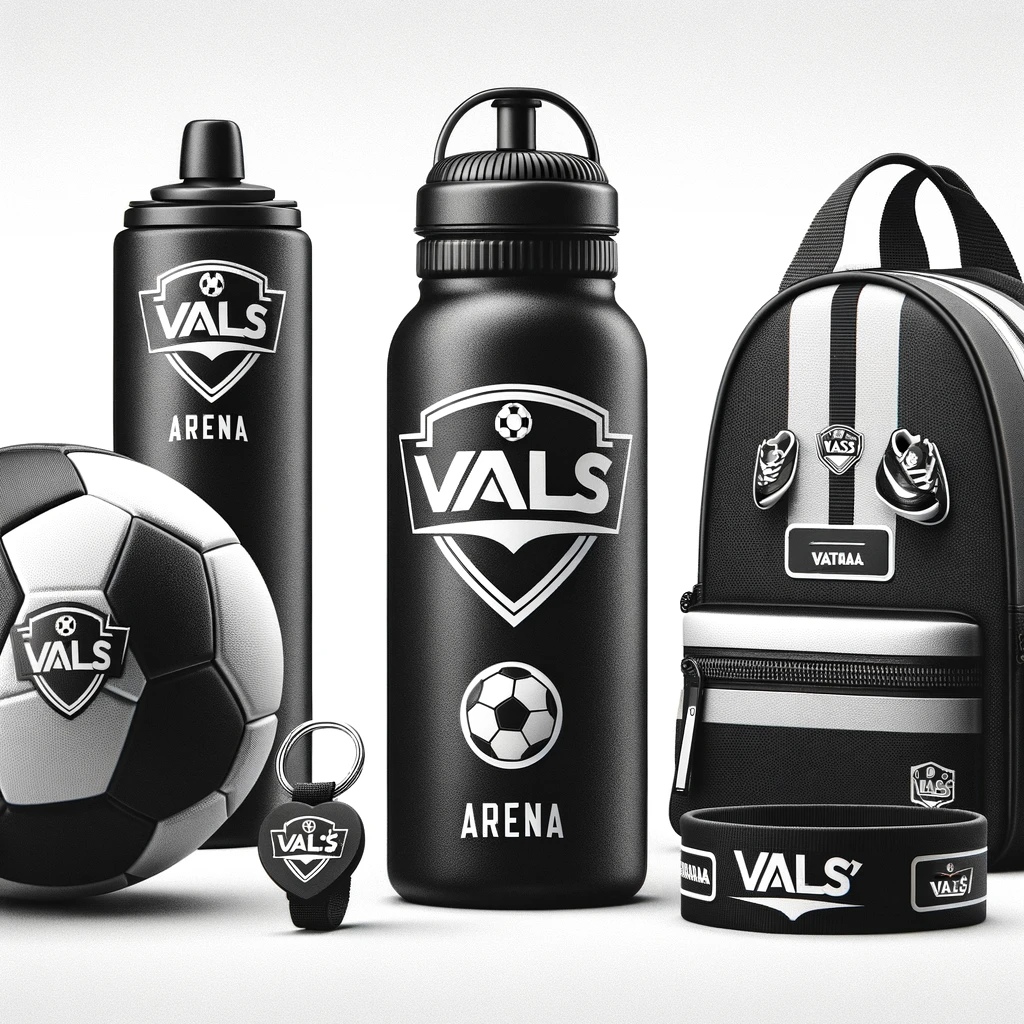 DALL·E 2024-01-10 10.43.34 - Design a series of merchandise items including a water bottle, a small soccer bag, a keychain, and a wristband, all in the black and white style with