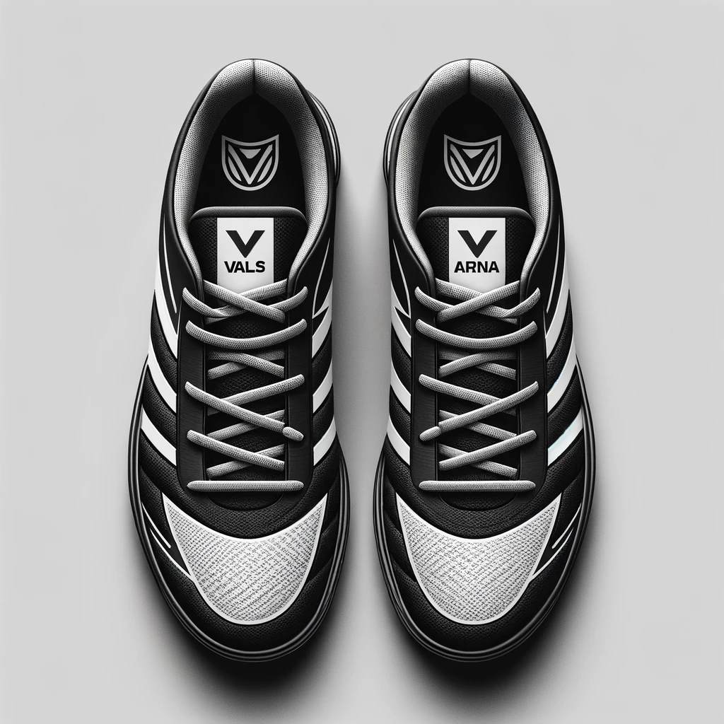 DALL·E 2024-01-10 14.36.12 - Design an image of a pair of black and white indoor soccer shoes, matching the previously designed style, viewed from above. The shoes should feature