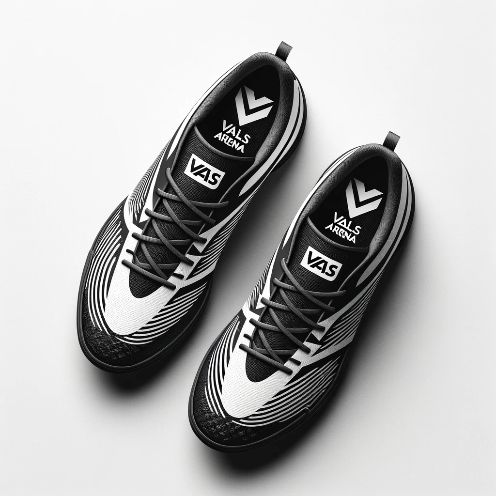 DALL·E 2024-01-10 14.38.25 - Create an image of a pair of black and white indoor soccer shoes designed with the Vals' Arena logo, viewed from above. The image should show the top