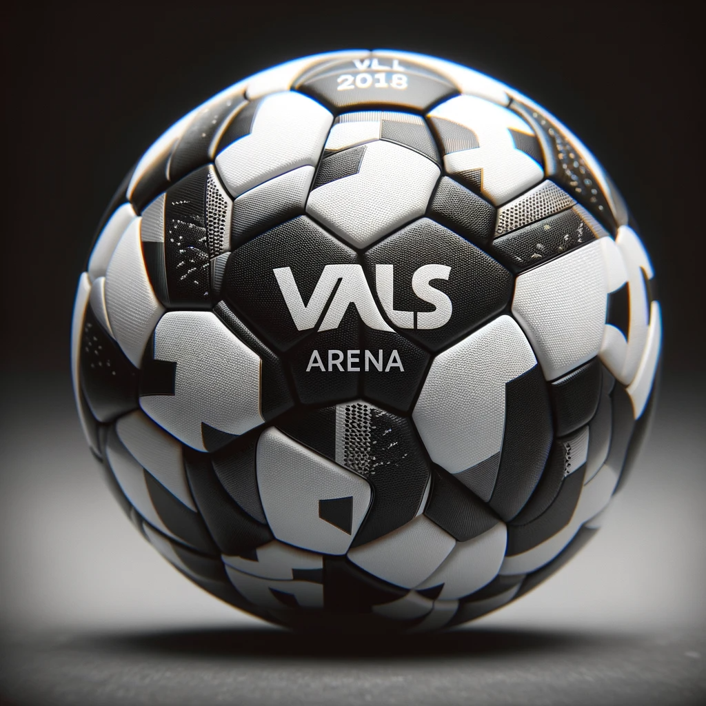 DALL·E 2024-01-10 14.50.37 - Create an image of the black and white soccer ball designed with the Vals' Arena logo, viewed from a close-up angle. The image should focus on the tex