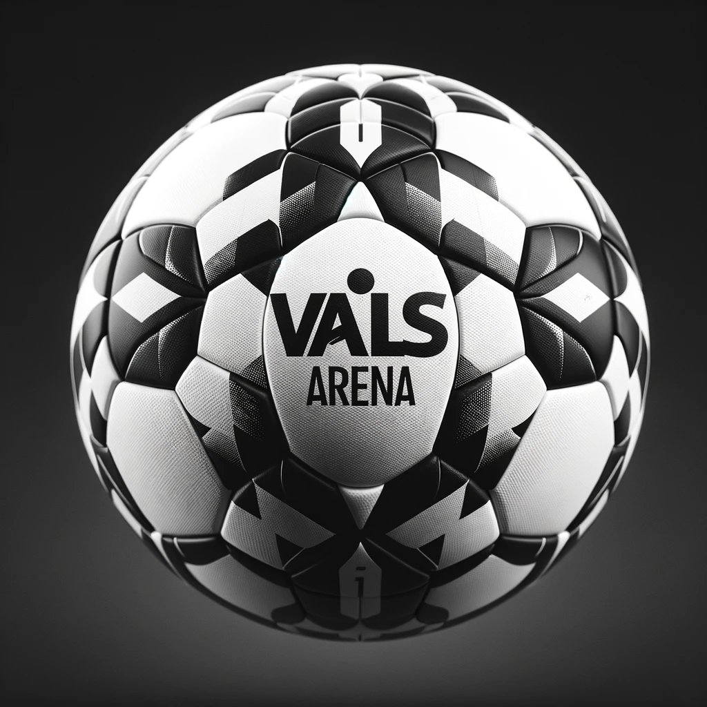DALL·E 2024-01-10 14.50.40 - Generate an image of the same black and white soccer ball with the Vals' Arena logo, viewed from a different angle, showing a broader perspective. Thi