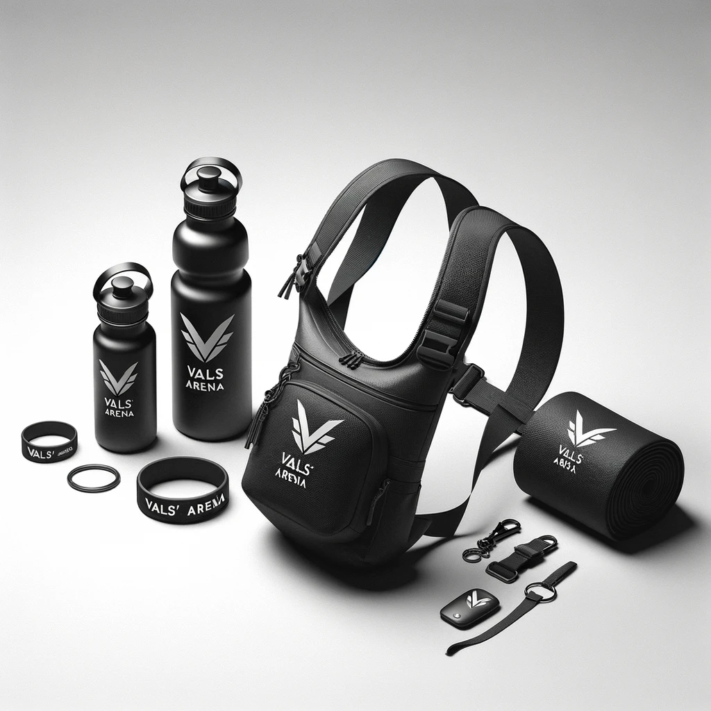 DALL·E 2024-01-10 15.20.03 - Design an image showcasing the collection of accessories - a sling bag, water bottle, keychain, and wristband - arranged in a simple and clear manner,